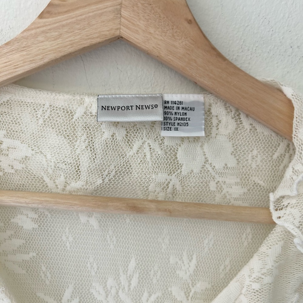 Newport News 1X Sheer Ivory Floral Lace Ruffle Blouse - Picture 2 of 6